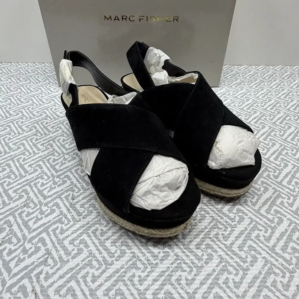 Marc Fisher Black Suede Flama Slingback Espadrille Platform Wedge Sandals 6 New